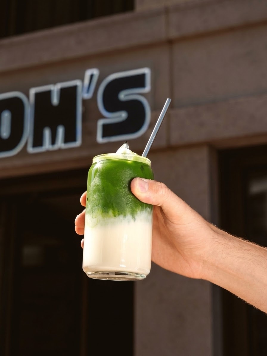 Iced Matcha Latte wird vor dem Mom's Schriftzug hochgehalten